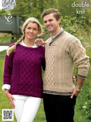 King Cole 4373 Men's Cabled Sweater & Ladies Cabled Sweater in Merino DK										