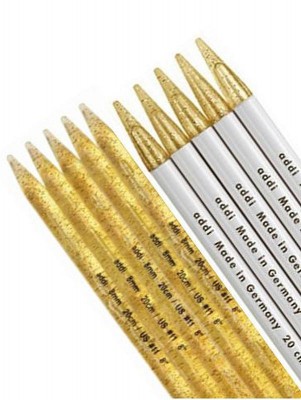 addi Plastic Gold Glitter Double Pointed Needles 8/10in (20/25cm) - 20.0mm Length 20 cm Gold Tips White Tube