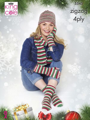 King Cole 5545 Christmas Hat, Mitts, Socks & Scarf in Zig Zag										