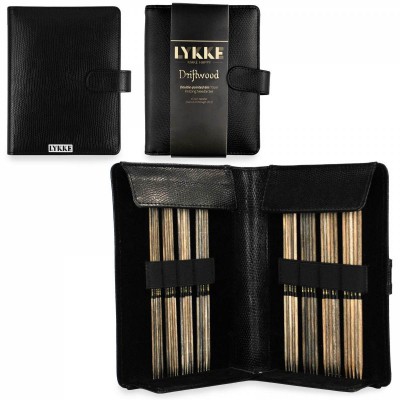 LYKKE Double Pointed 15cm (6in) Knitting Needle Set 2mm-3.75mm - Driftwood Black Faux Leather