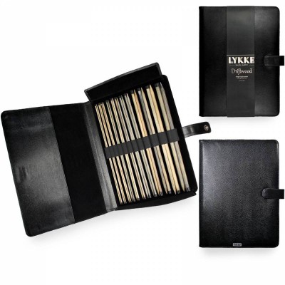 LYKKE Straight Single Pointed Knitting Needle Set 35cm (14in) Length - Driftwood Black Faux Leather