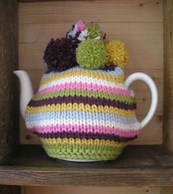 Free knitting patterns to improve your office: Stripey Tea Cozy by Rooster Yarns on Laughing Hens