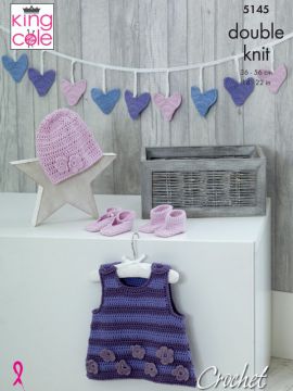 King Cole 5145 Crochet Baby Dress, Hat, Booties & Shoes
