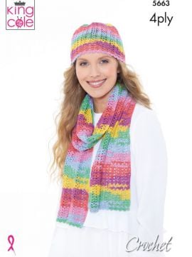 King Cole 5663 Crochet Hat, Scarf & Wrap in Summer 4 Ply