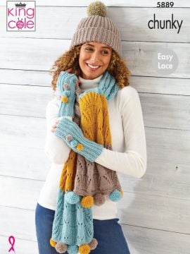 King Cole 5889 Bulky Easy Lace Wrap, Scarf, Hand Warmers and Hat